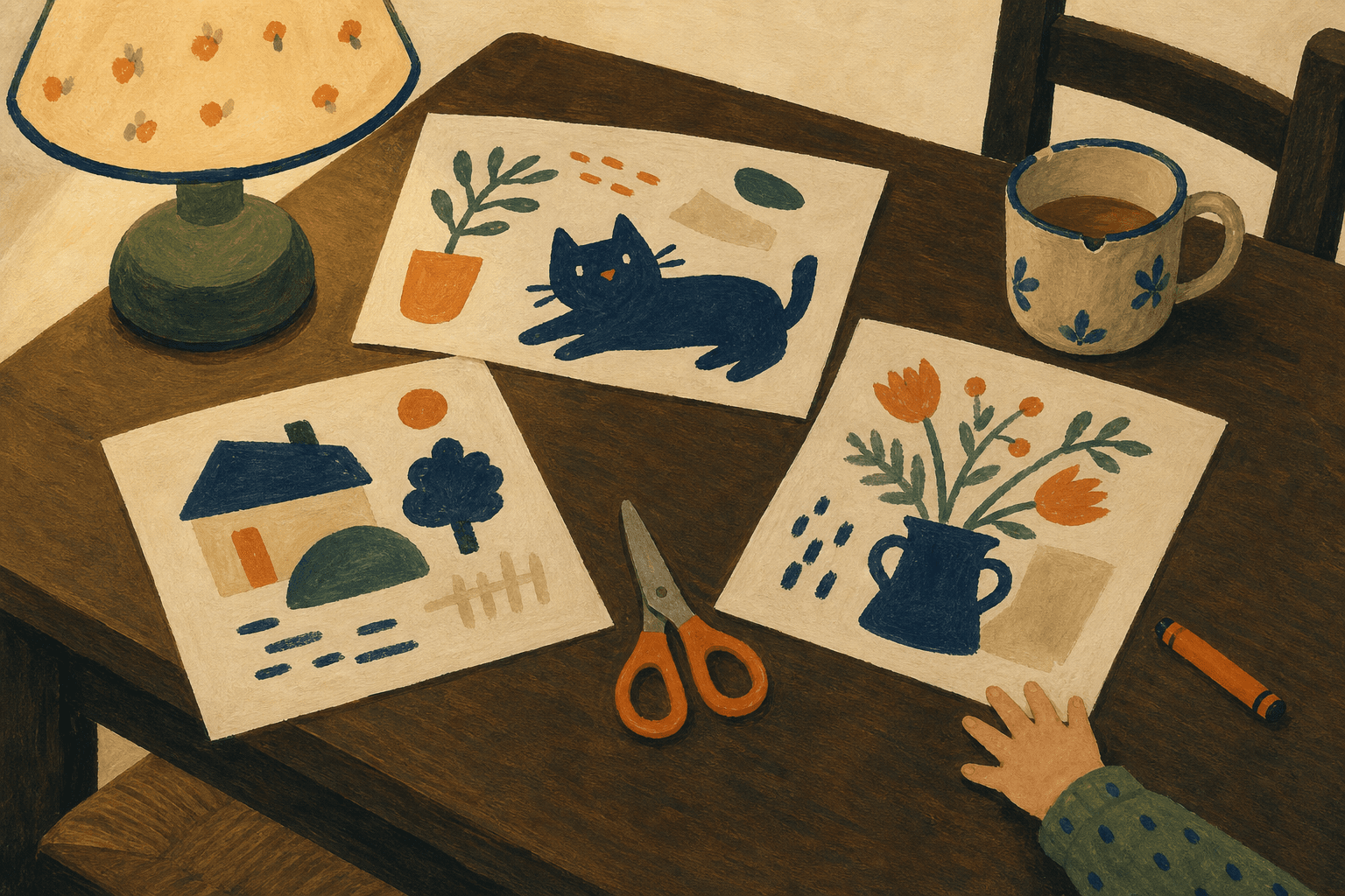 Une table en bois le soir, une lampe allumée, trois feuilles imprimées avec des dessins, des ciseaux, un crayon orange, une tasse et la main d’un enfant.