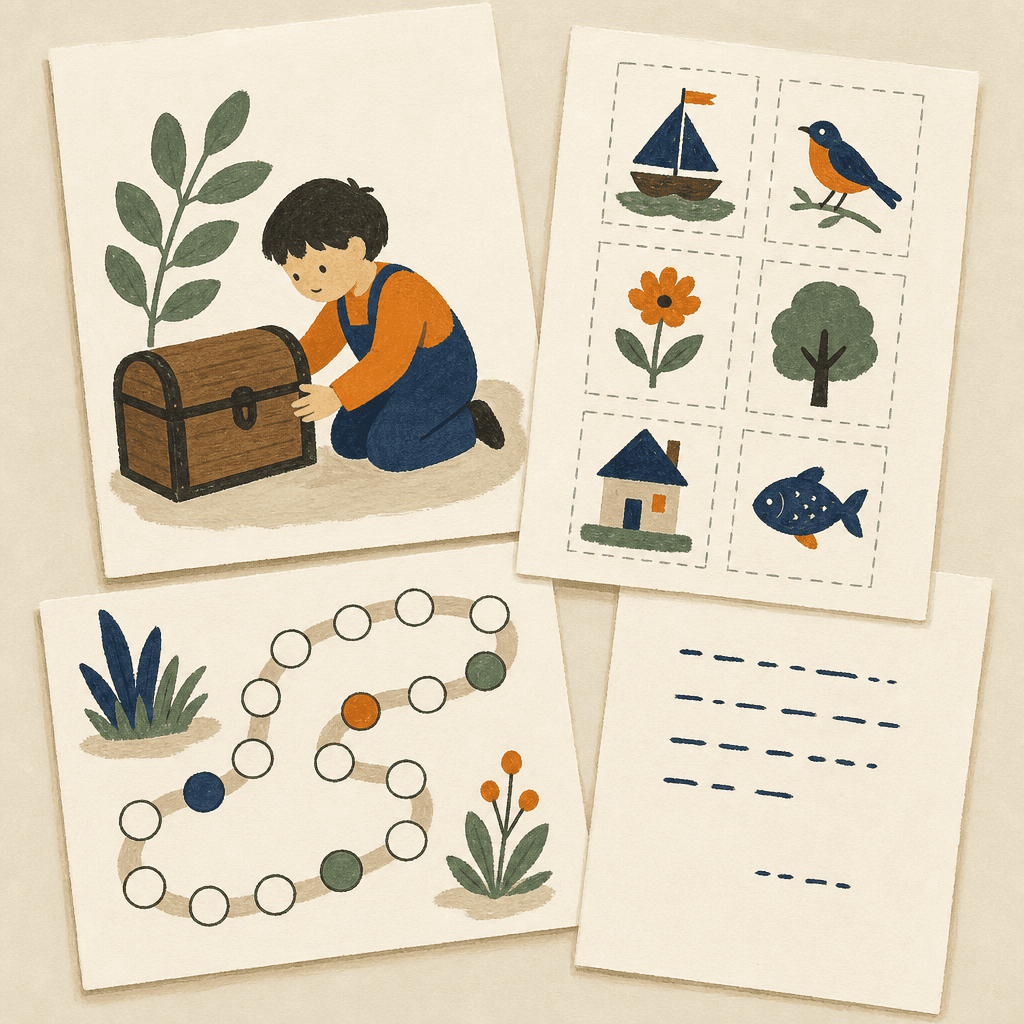 Quatre feuilles A4 posées à plat : une page illustrée, une planche de cartes à découper, un plateau de jeu, et une page de notes.